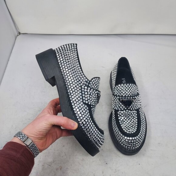 PRADA Rhinestone Embellished Black Loafer - Picture 1 of 12